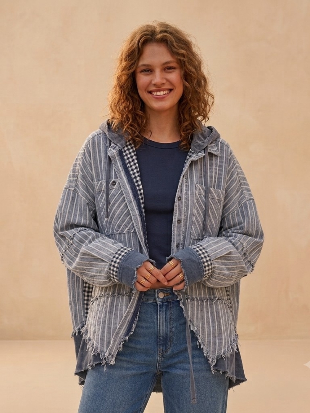 We The Free Blue Striped Deconstructed Distressed Oversize Hooded  Jacket
